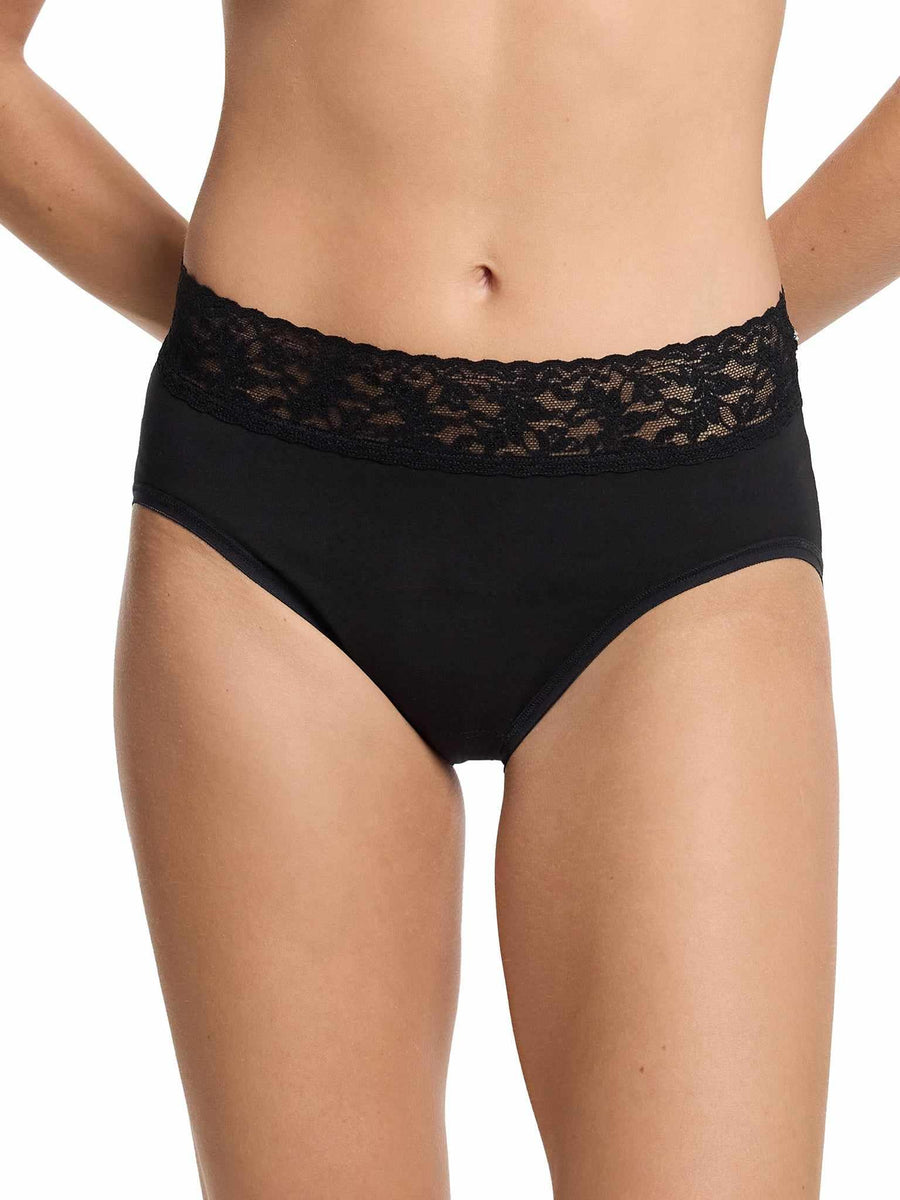 Black Supima® Cotton French Brief with lace waistband, high-cut silhouette - Back View On Model | Hanky Panky