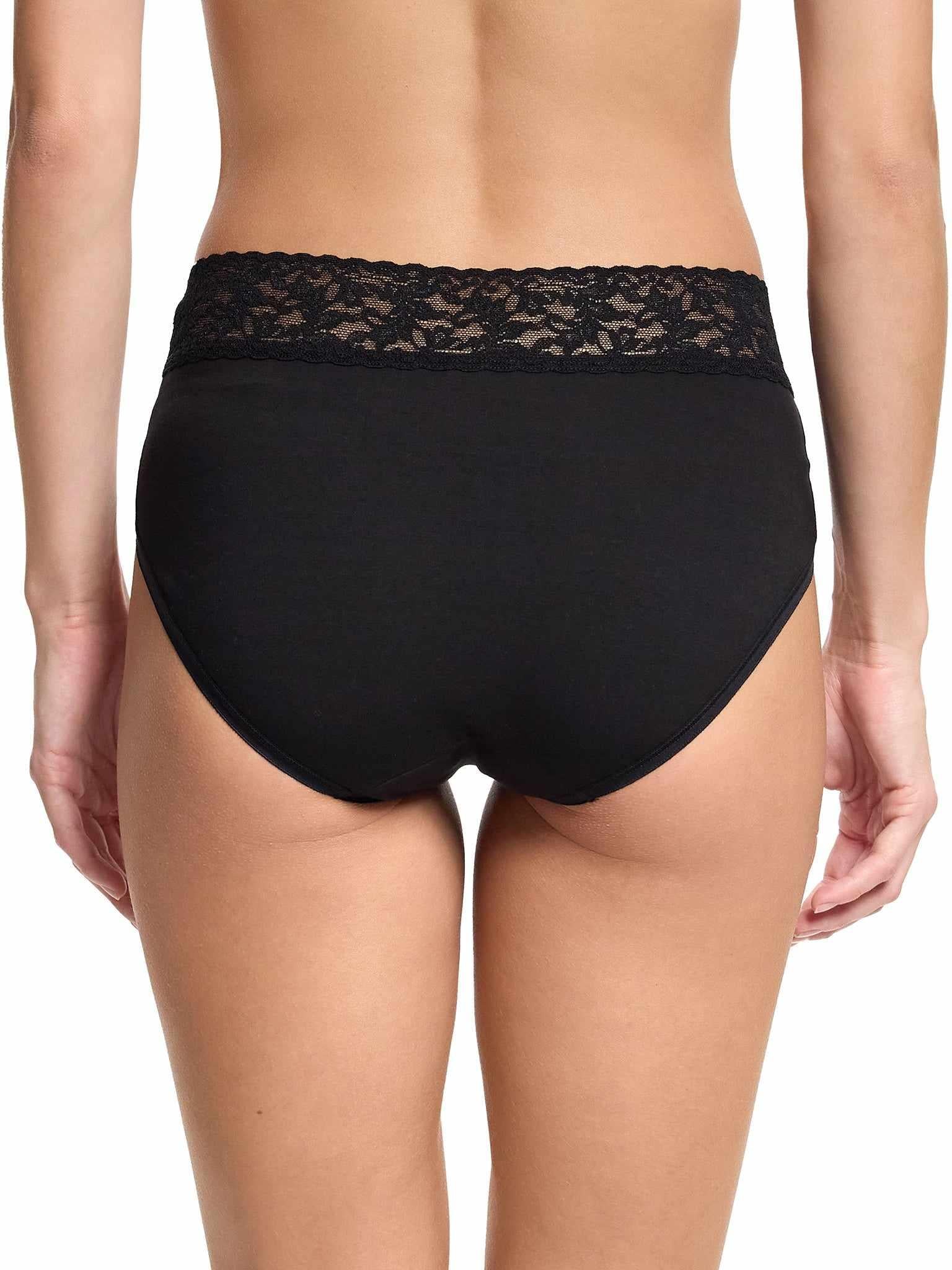 Black Supima® Cotton French Brief stretch lace waistband detail, side profile on model | Hanky Panky