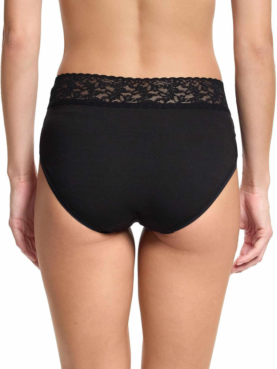 Black Supima® Cotton French Brief stretch lace waistband detail, side profile on model | Hanky Panky