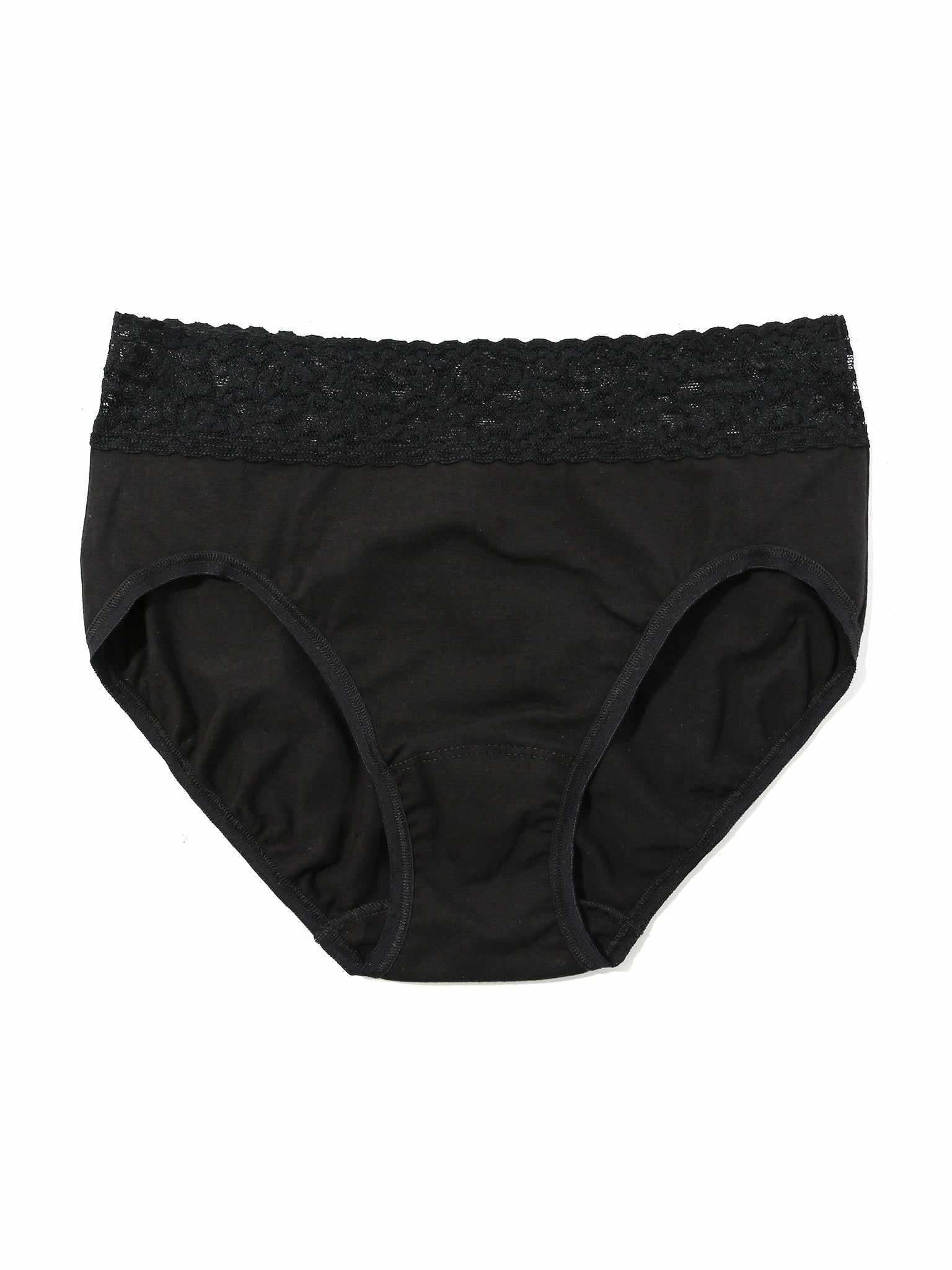 Black Supima® Cotton French Brief with lace trim - Flat Lay Front, high-cut silhouette | Hanky Panky
