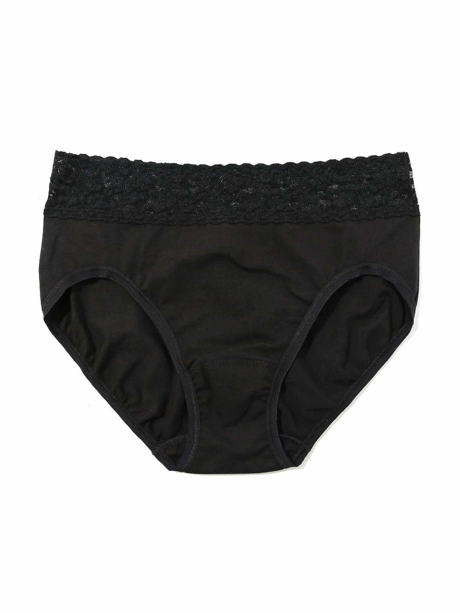 Black Supima® Cotton French Brief with lace trim - Flat Lay Front, high-cut silhouette | Hanky Panky