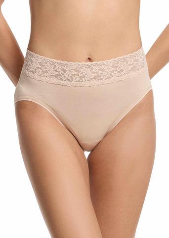 Chai Supima® Cotton French Brief with floral lace waistband, high-cut silhouette - Front View | Hanky Panky