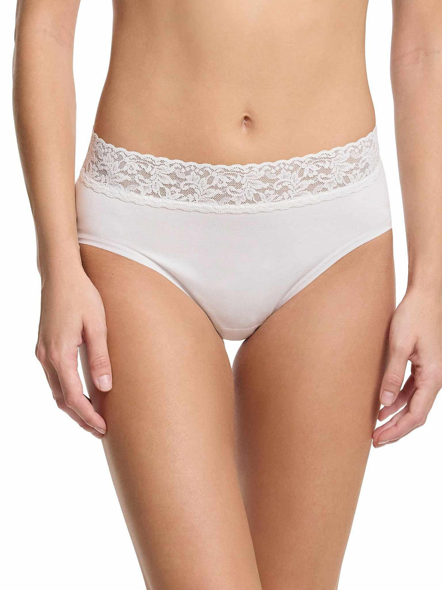 White Supima® Cotton French Brief with lace waistband - Front On-Model | Hanky Panky