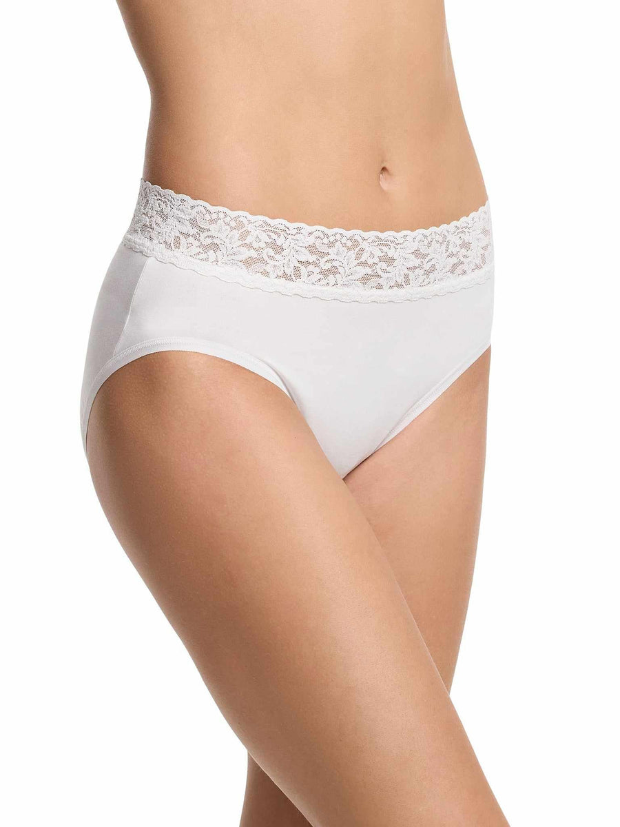 White Supima® Cotton high-cut French Brief with lace trim - Side On-Model | Hanky Panky