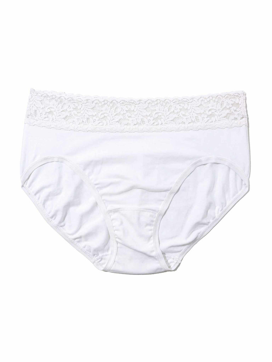 White Supima® Cotton French Brief with floral lace waistband - Flat Lay | Hanky Panky
