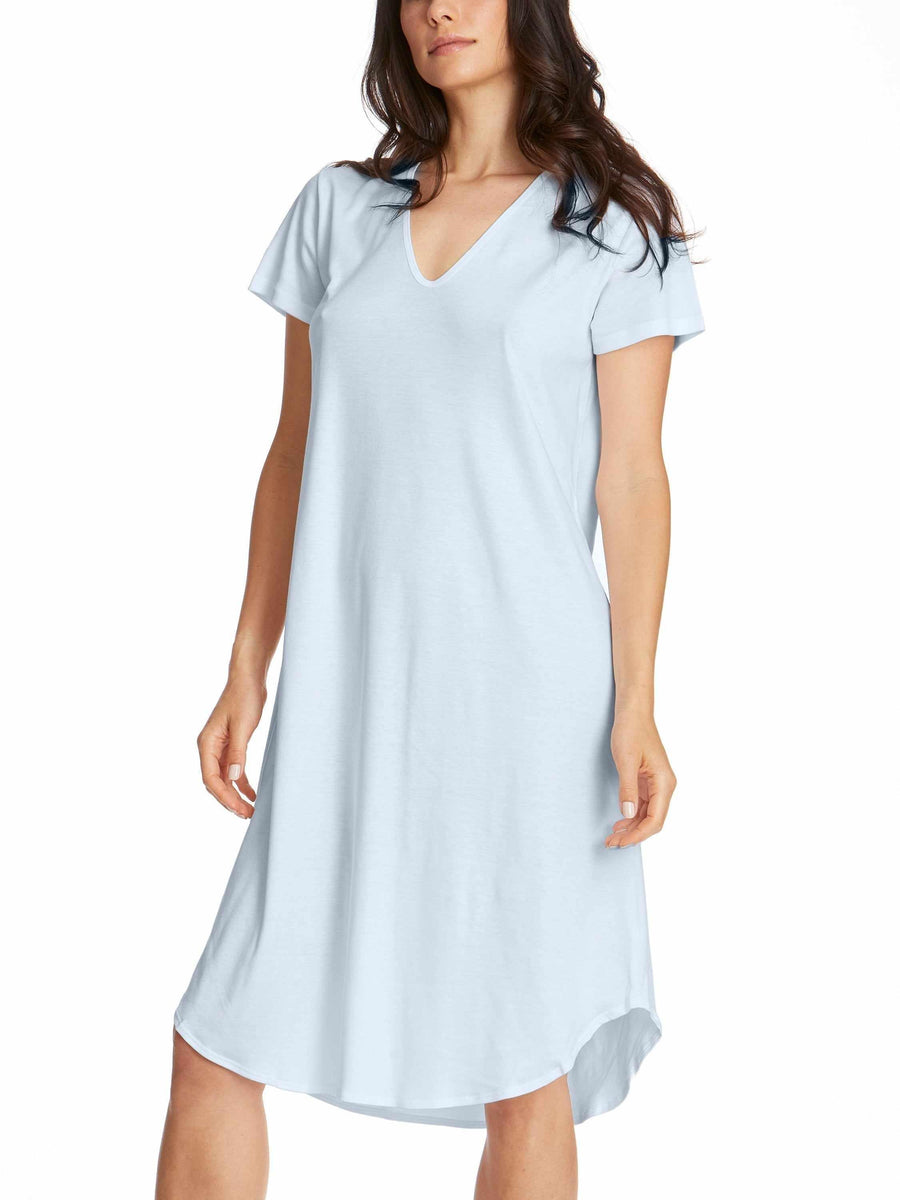 Supima® Cotton Gown Powder Blue - Front View, V-Neck Nightgown On Model | Hanky Panky
