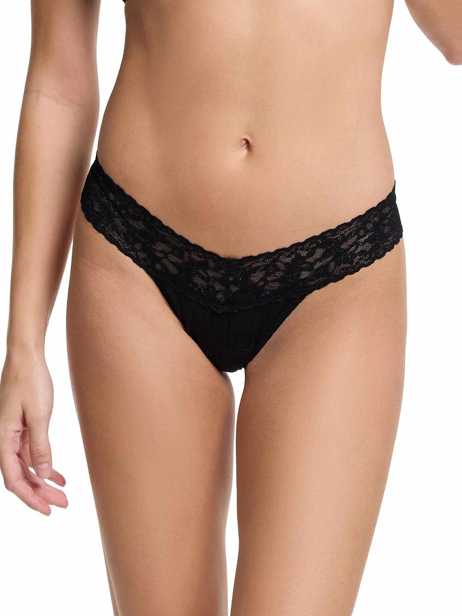 Black Supima® Cotton Low Rise Thong with lace waistband - Front View On Model | Hanky Panky