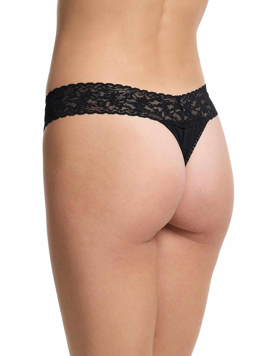 Black Supima® Cotton Low Rise Thong, lace waistband back detail - Three-Quarter Back View On Model | Hanky Panky