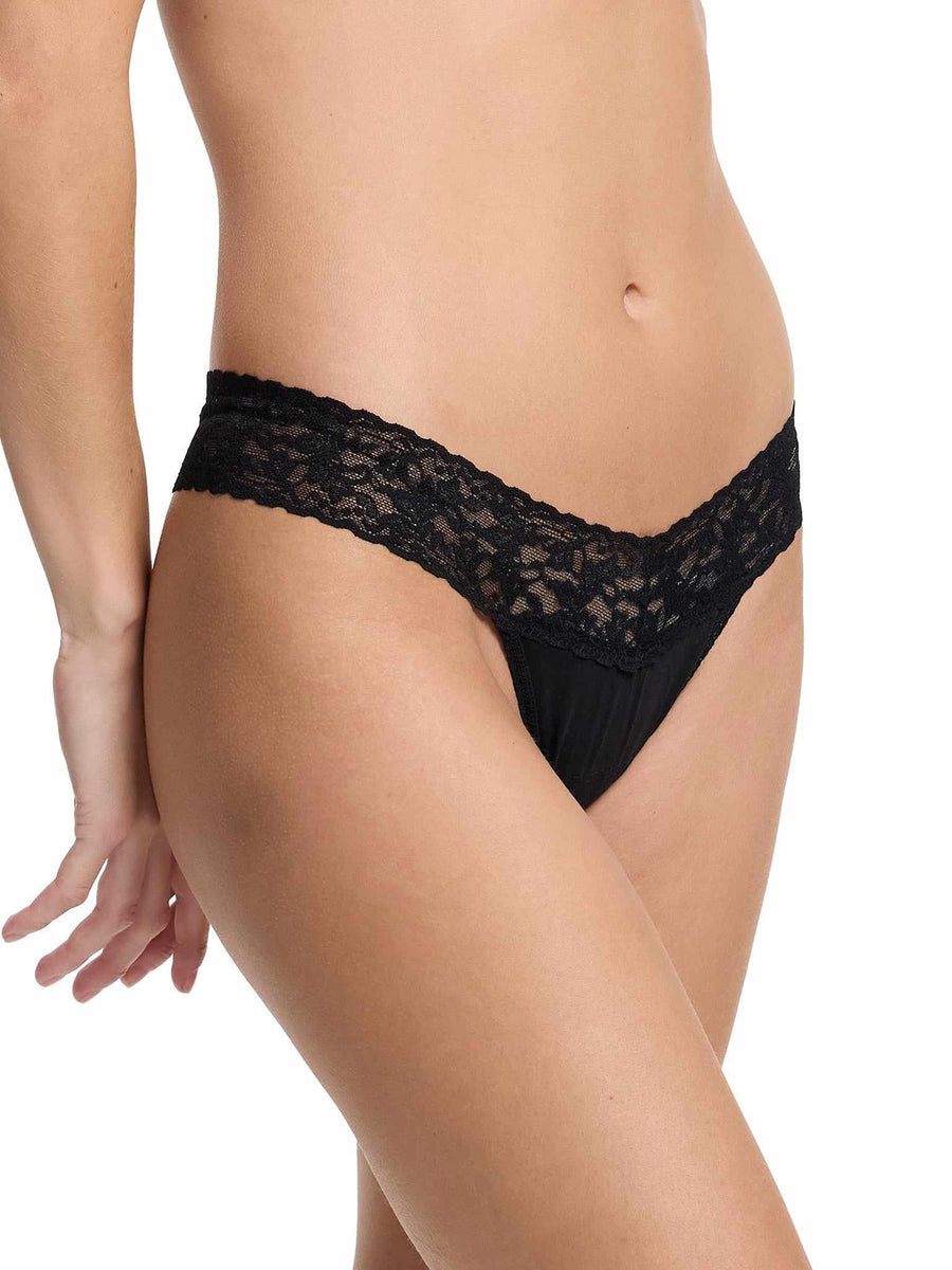 Black Low Rise Cotton Thong with floral lace waistband - Direct Back View On Model | Hanky Panky
