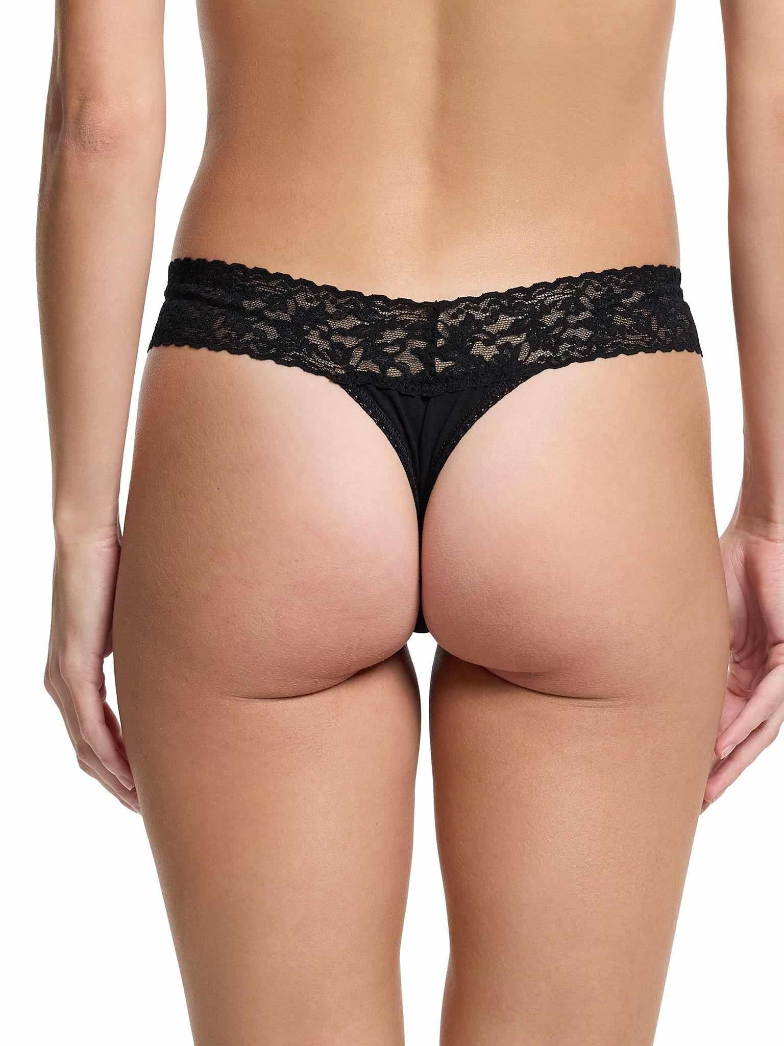 Black Supima® Cotton Low Rise Thong - Side Profile On Model, lace waistband and cotton gusset detail | Hanky Panky
