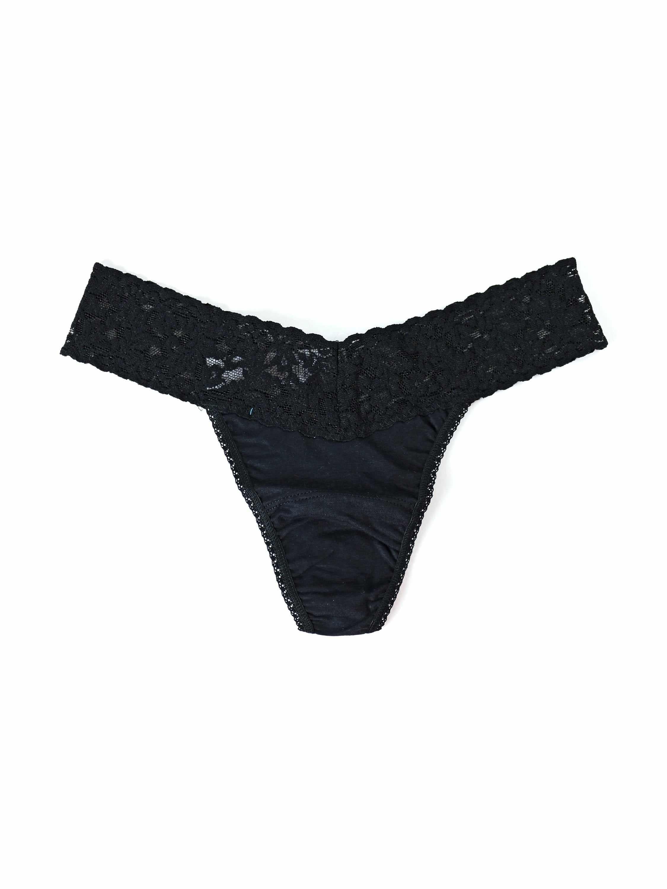 Black Supima® Cotton Low Rise Thong - Flat Lay showing lace waistband and soft cotton gusset | Hanky Panky