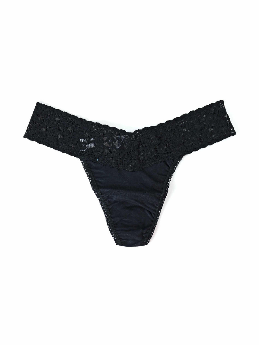 Black Supima® Cotton Low Rise Thong - Flat Lay showing lace waistband and soft cotton gusset | Hanky Panky