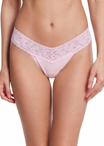 Bliss Pink Supima® Cotton Low Rise Thong - Front On-Model, Lace Waistband | Hanky Panky