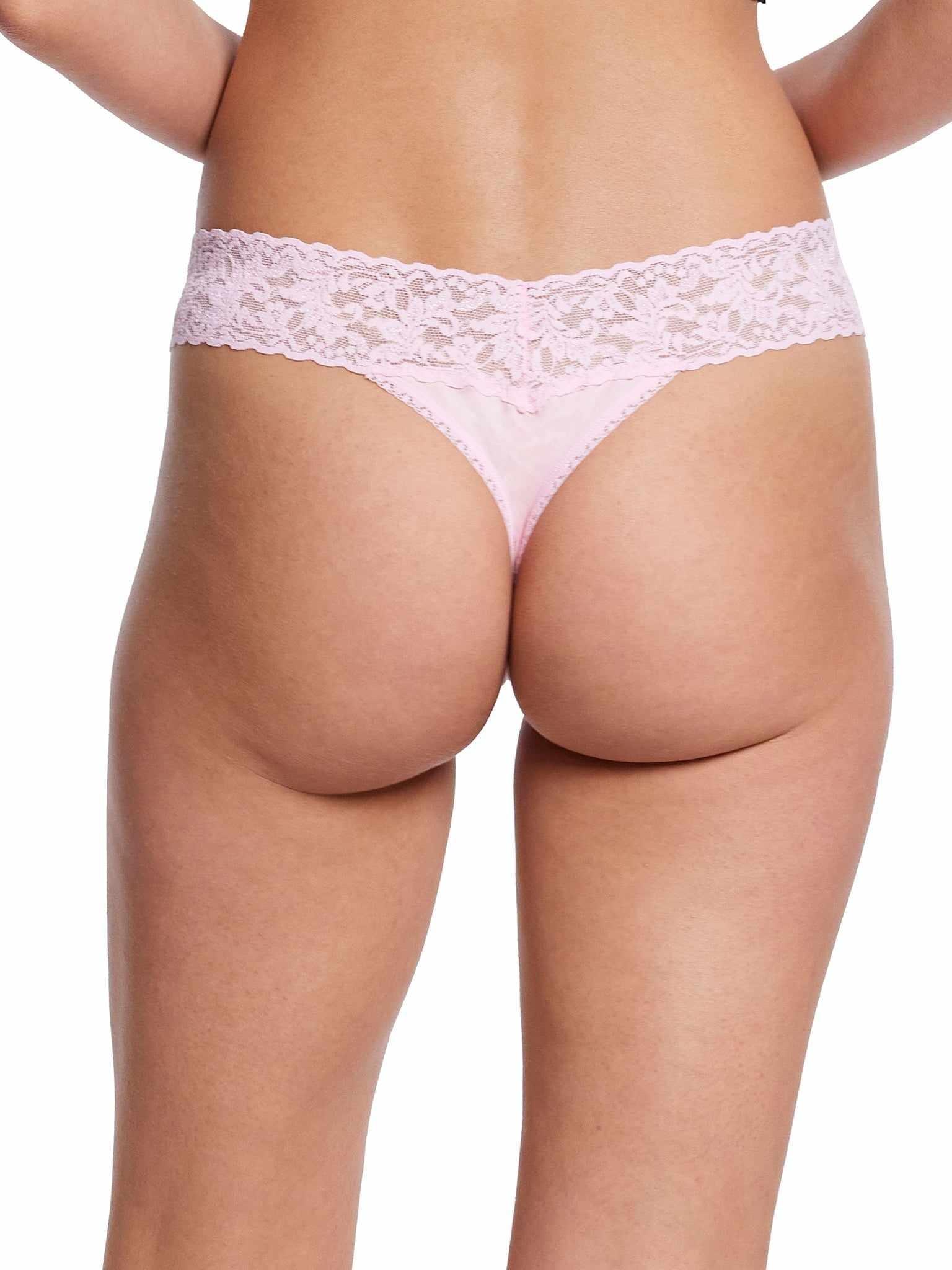 Bliss Pink Low Rise Cotton Thong - Back On-Model, No-VPL Lace Waistband | Hanky Panky
