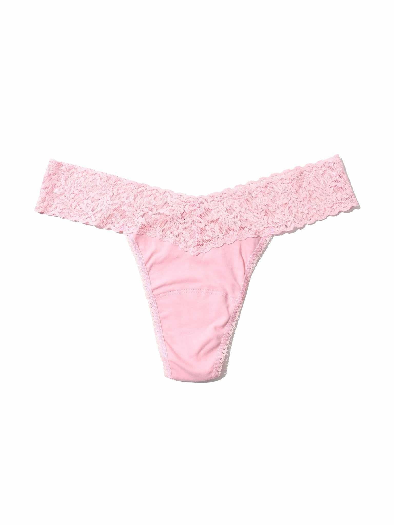 Bliss Pink Supima® Cotton Low Rise Thong - Flat Lay, Pink Cotton Thong with Lace Trim | Hanky Panky