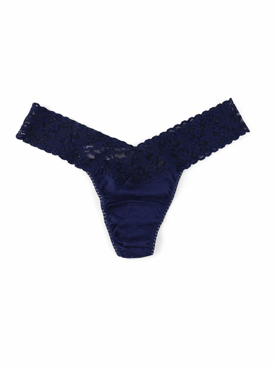 Navy Supima® Cotton Low Rise Thong - Flat Lay, Floral Lace Waistband Detail | Hanky Panky
