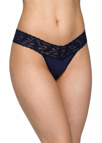 Navy Supima® Cotton Low Rise Thong - On Model Front View, Lace Waistband | Hanky Panky