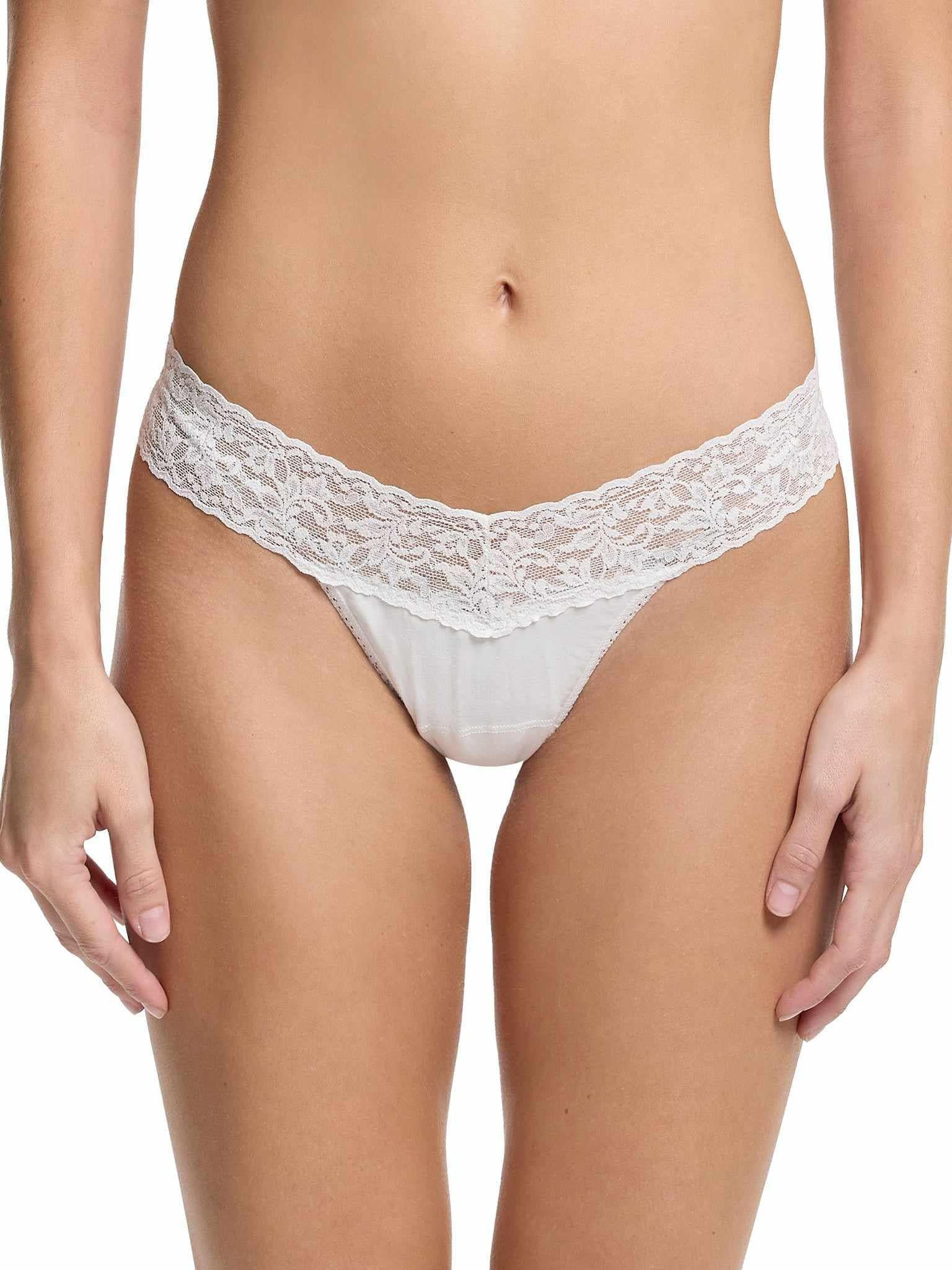 White Supima® Cotton Low Rise Thong - Front View, lace waistband on model | Hanky Panky