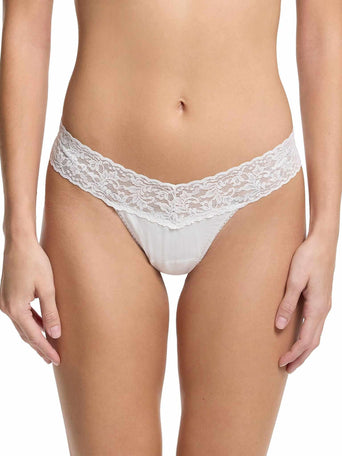 White Supima® Cotton Low Rise Thong - Front View, lace waistband on model | Hanky Panky