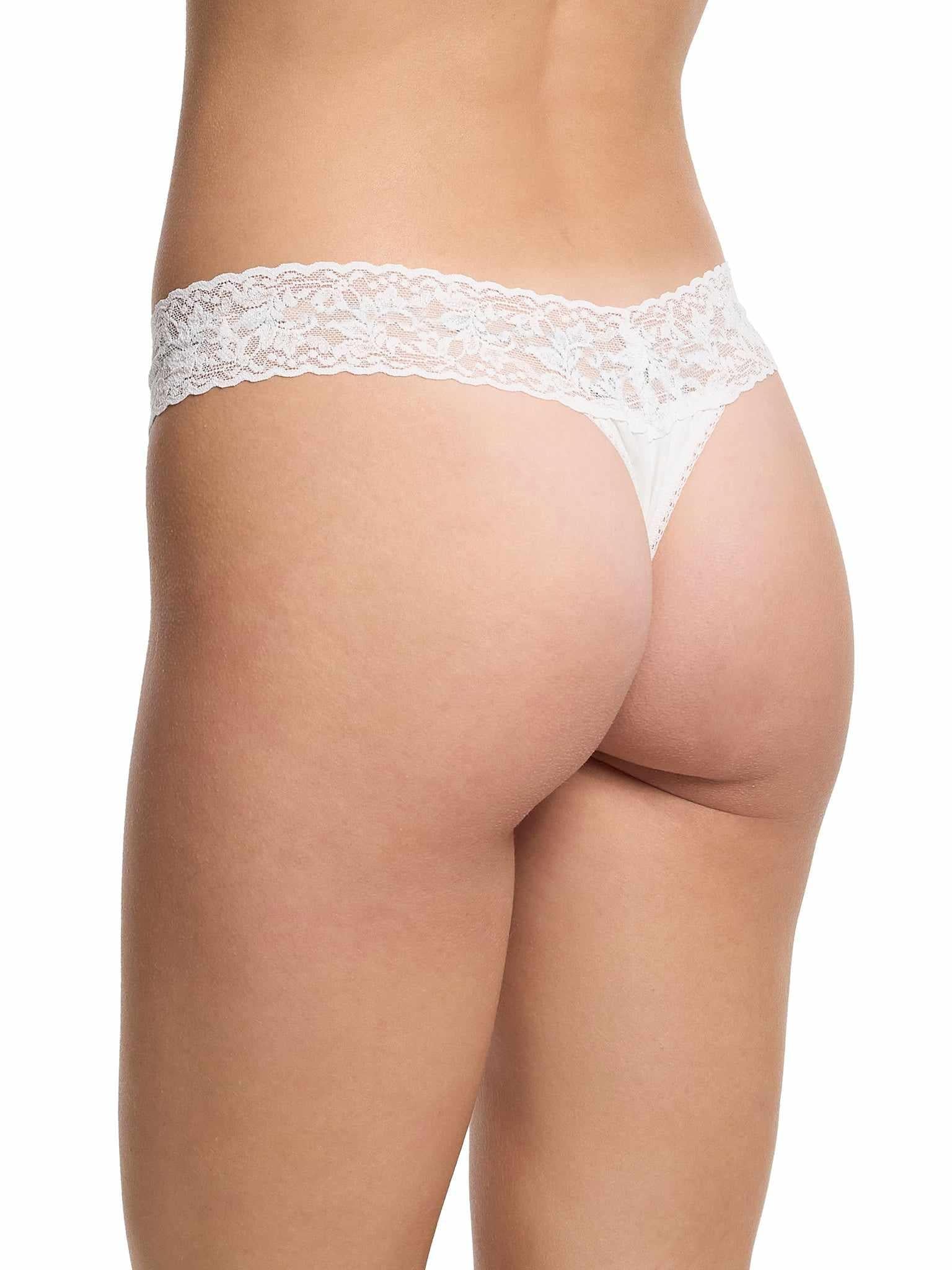 White Supima® Cotton Low Rise Thong - Back Side Angle, floral lace waistband on model | Hanky Panky