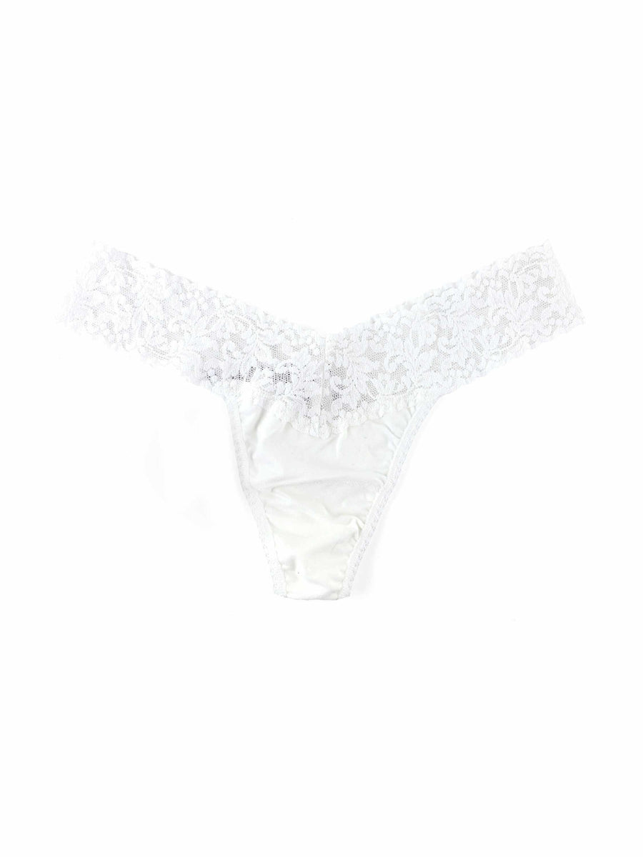 White Supima® Cotton Low Rise Thong - Flat Lay, floral lace waistband and cotton gusset | Hanky Panky