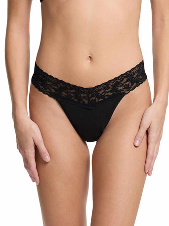 Black Supima® Cotton Original Rise Thong with lace waistband - Front View | Hanky Panky