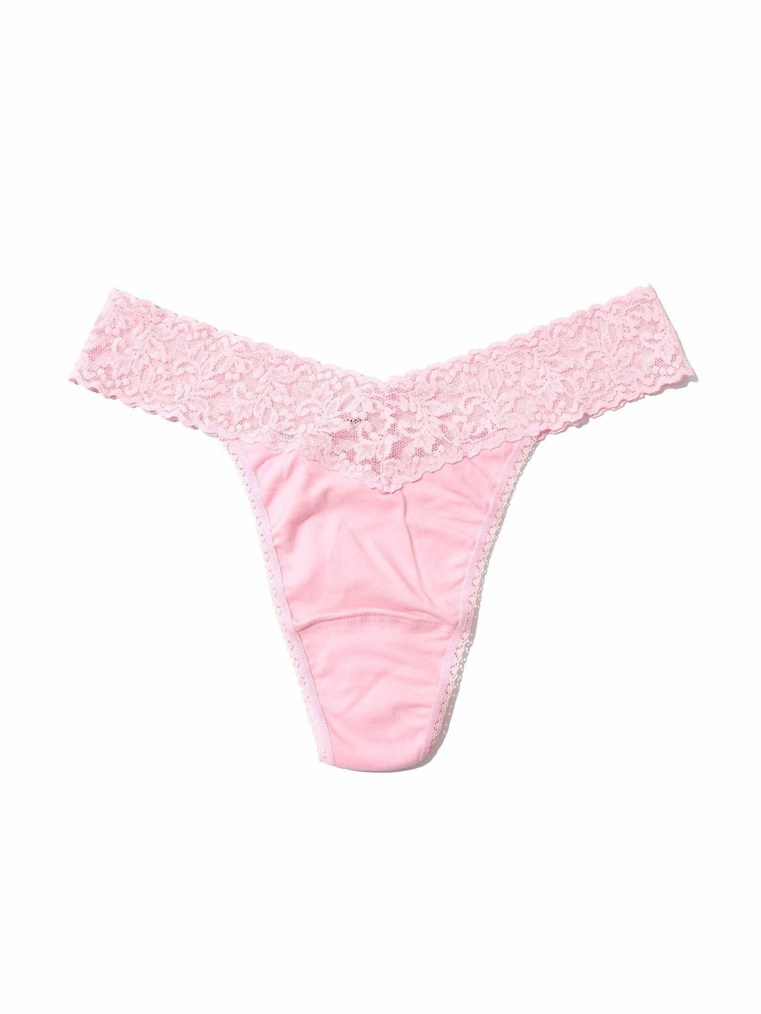 Bliss Pink Supima® Cotton Original Rise Thong with Lace Waistband - Flat Lay | Hanky Panky