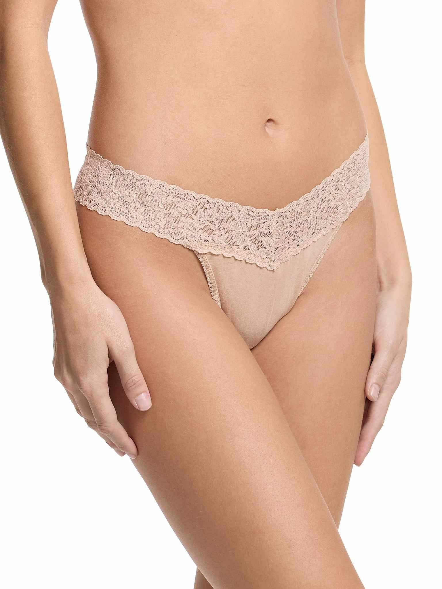 Chai Supima® Cotton Original Rise Thong - Side Angle On Model, Lace Waistband Detail | Hanky Panky