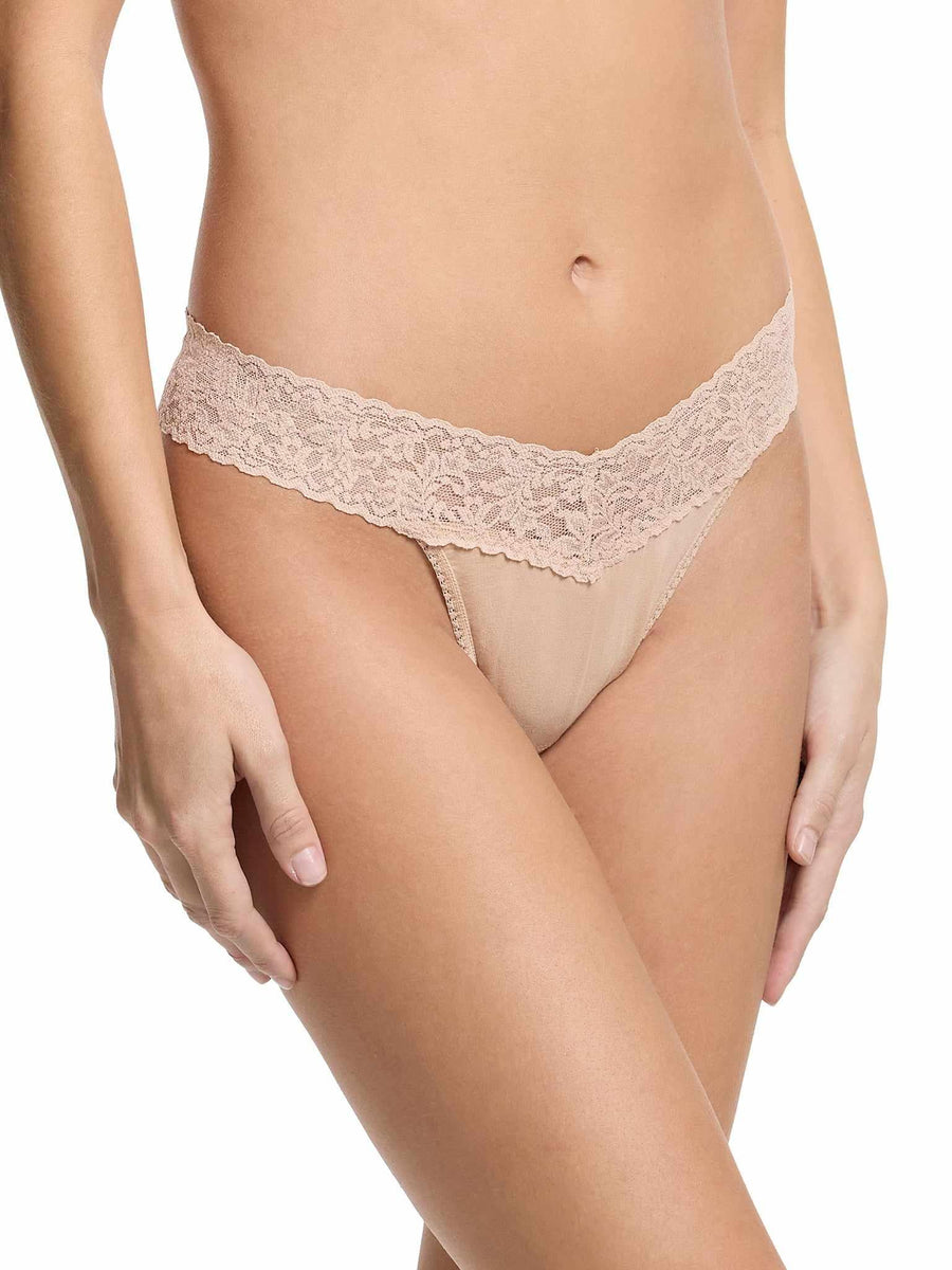 Chai Supima® Cotton Original Rise Thong - Side Angle On Model, Lace Waistband Detail | Hanky Panky
