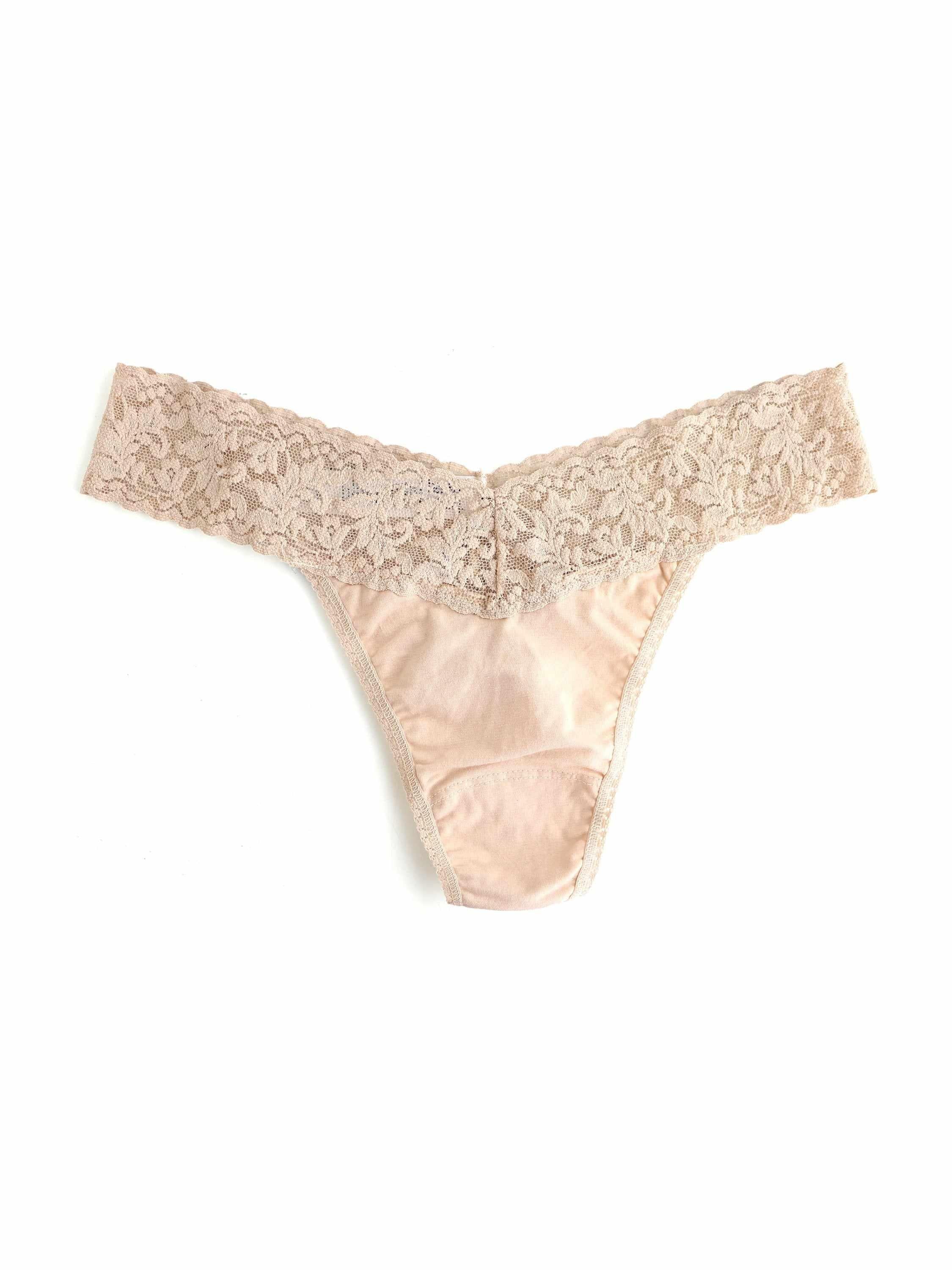 Chai Supima® Cotton Original Rise Thong - Flat Lay, Floral Lace Waistband & Cotton Gusset | Hanky Panky