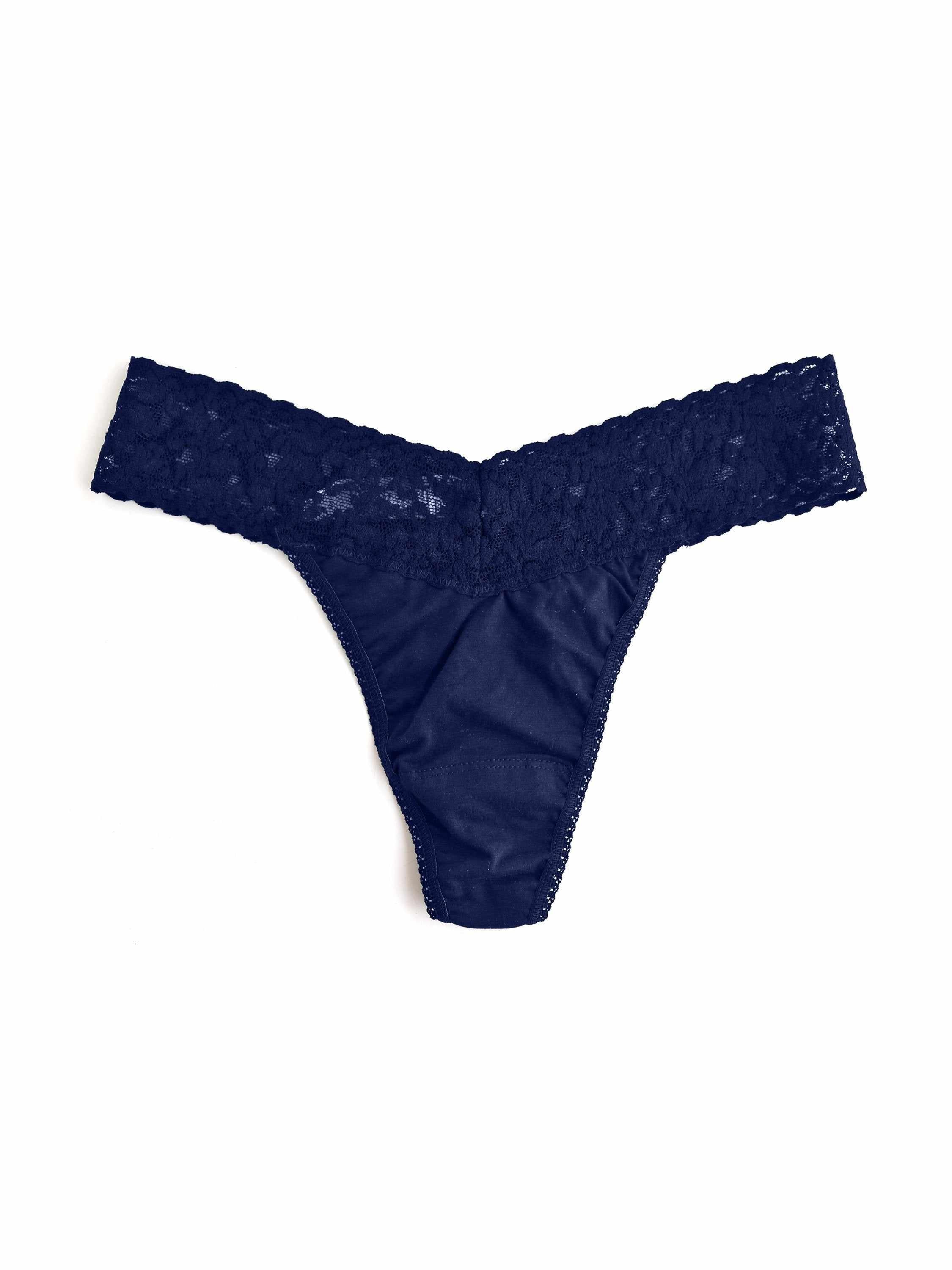 Navy Supima® Cotton Original Rise Thong - Flat Lay, Lace Waistband Detail | Hanky Panky