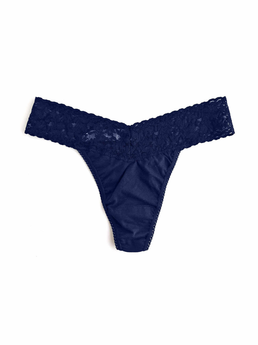 Navy Supima® Cotton Original Rise Thong - Flat Lay, Lace Waistband Detail | Hanky Panky