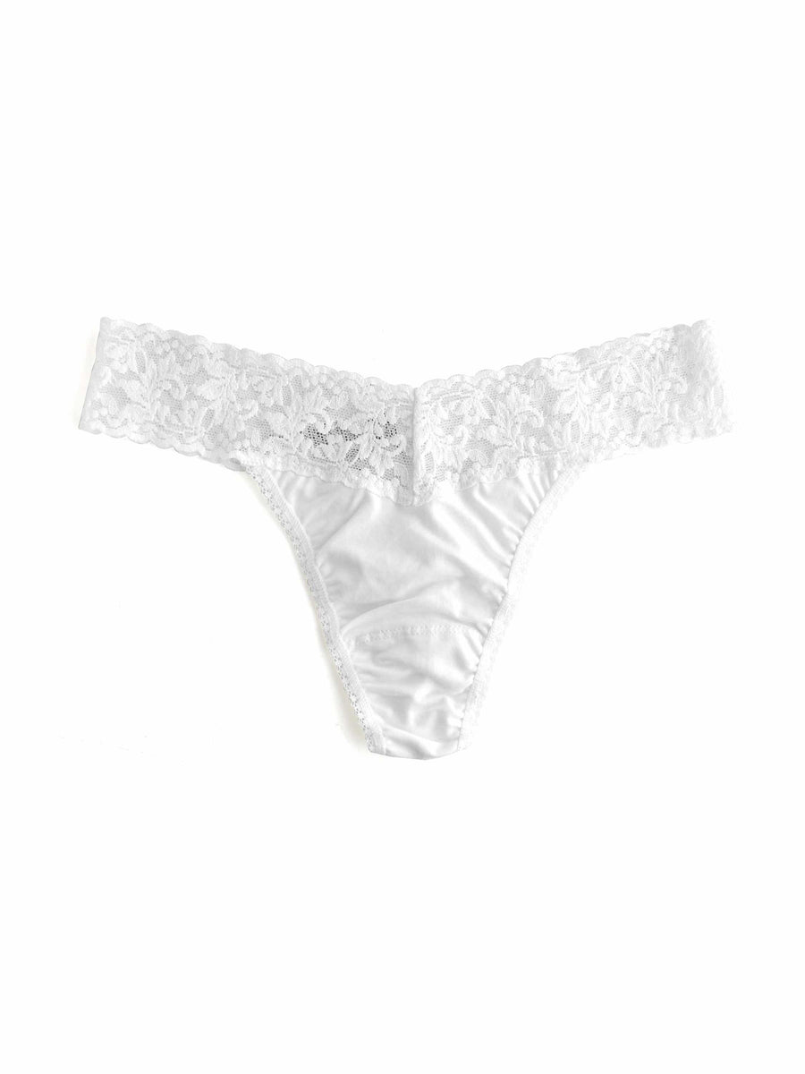 Supima® Cotton Original Rise Thong White - Flat Lay, Lace Waistband Detail | Hanky Panky