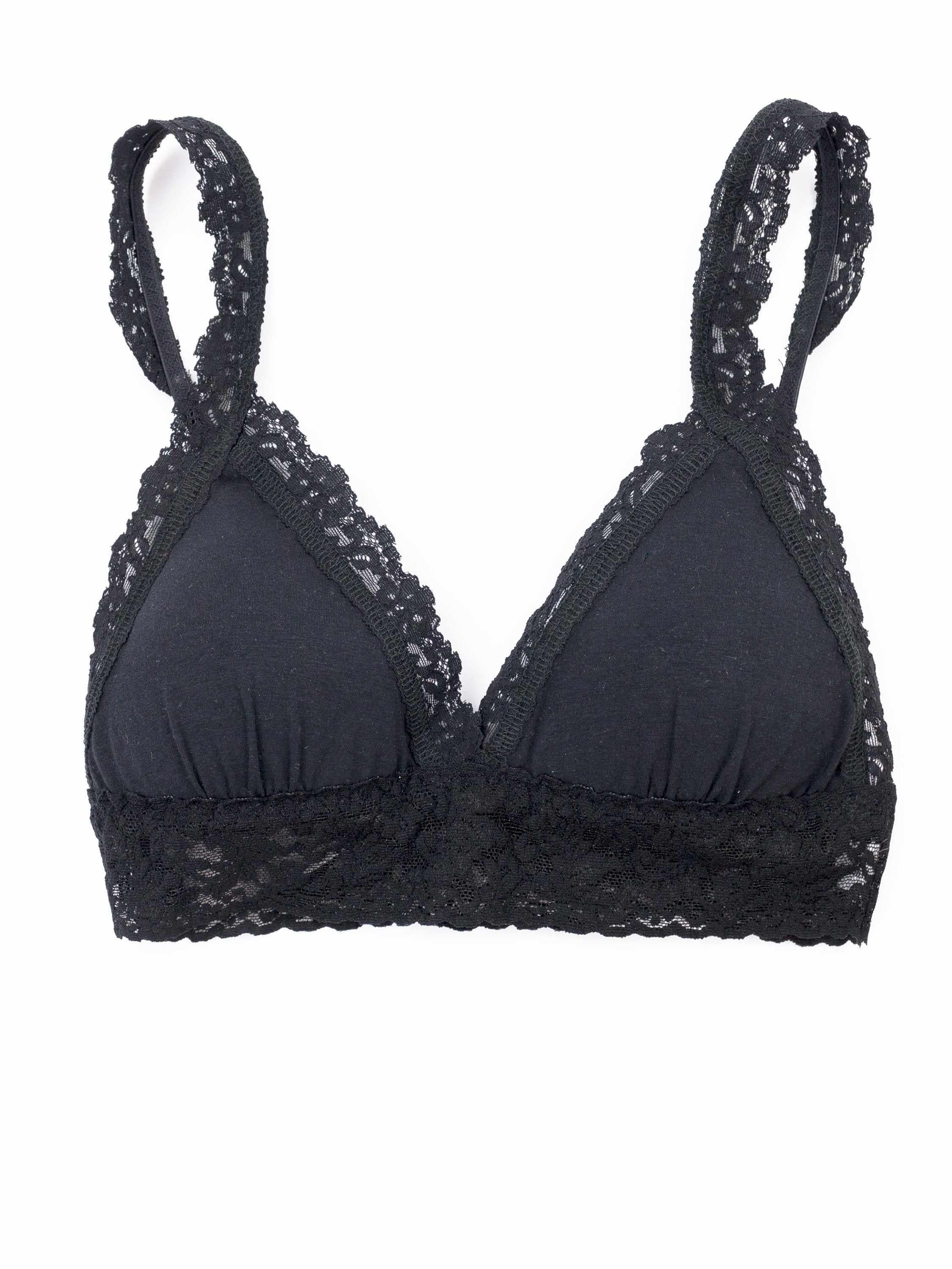 Black Supima® Cotton Padded Bralette with Lace Trim - Flat Lay Front Detail | Hanky Panky
