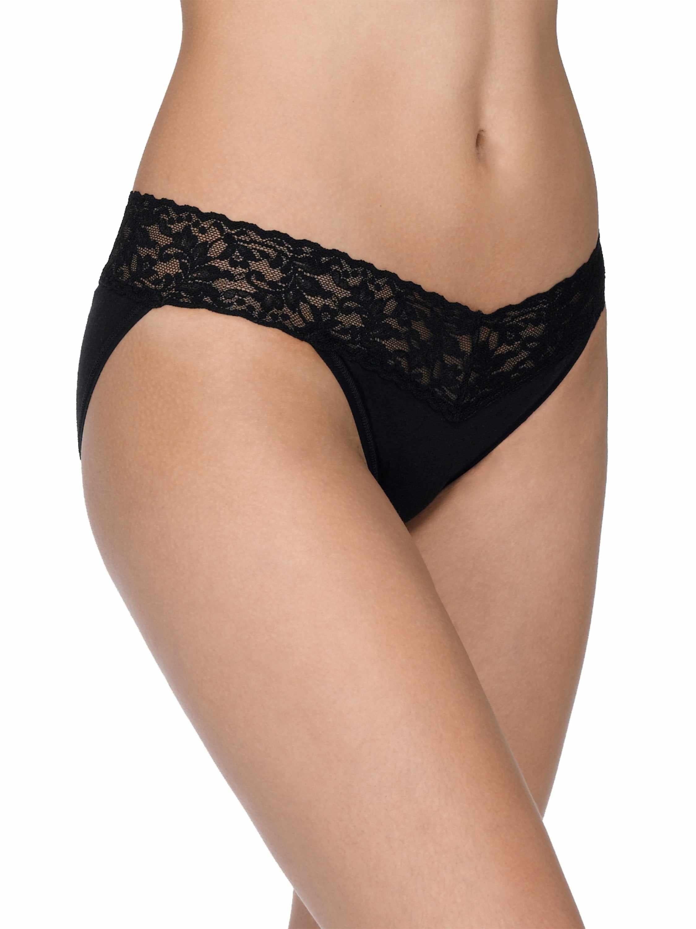 Black Supima® Cotton V-kini with V-shaped lace waistband - Side Front View On Model | Hanky Panky