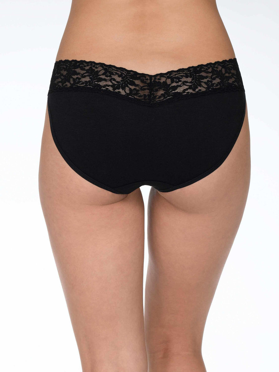 Black Supima® Cotton V-kini full coverage cotton back with lace band - Rear View On Model | Hanky Panky