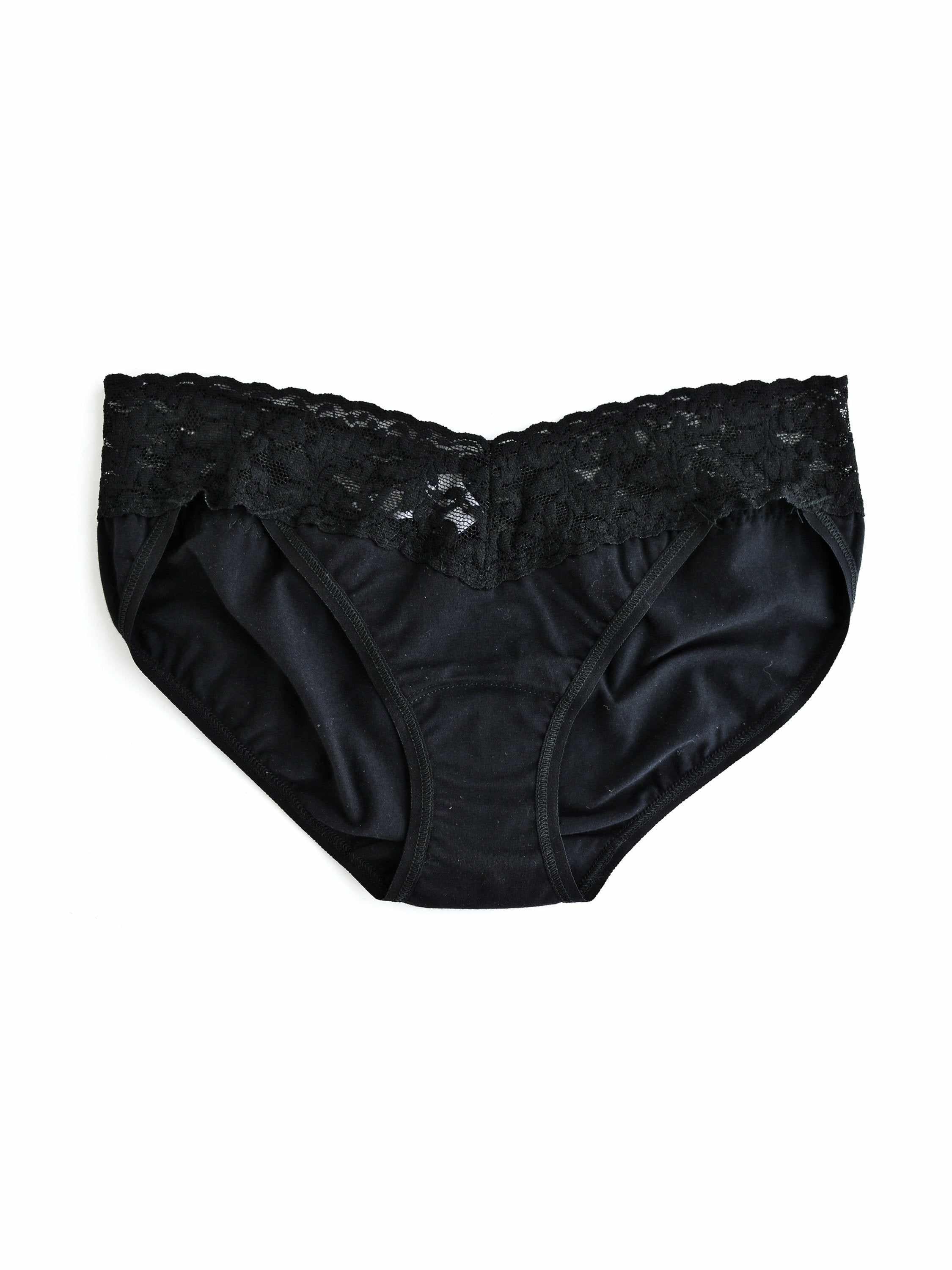 Black Supima® Cotton V-kini showing V-shaped lace waistband and soft cotton panel - Flat Lay | Hanky Panky