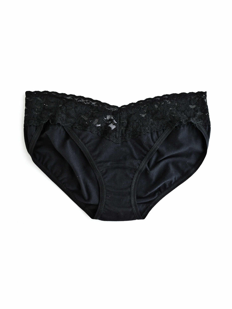 Black Supima® Cotton V-kini showing V-shaped lace waistband and soft cotton panel - Flat Lay | Hanky Panky