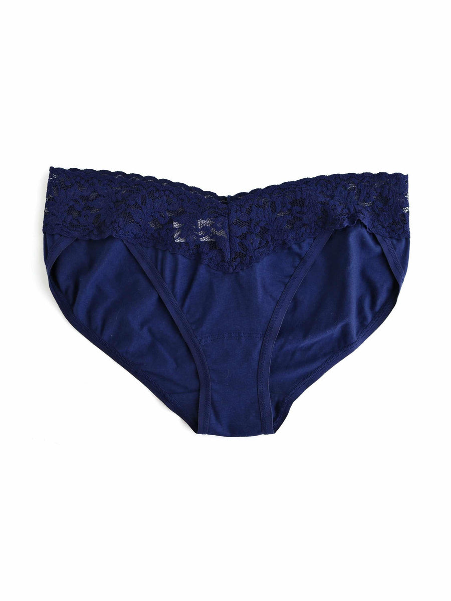 Navy Supima® Cotton V-kini with V-shaped lace waistband - Flat Lay | Hanky Panky