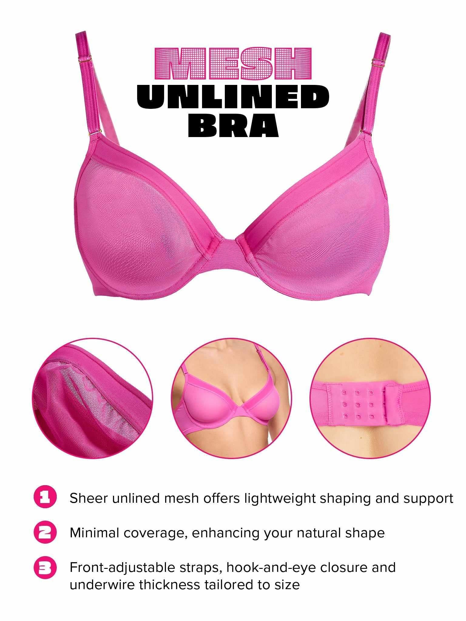 Berry Burst Pink Mesh Unlined Bra Features - Sheer Cups, Adjustable Straps & Hook Closure | Hanky Panky