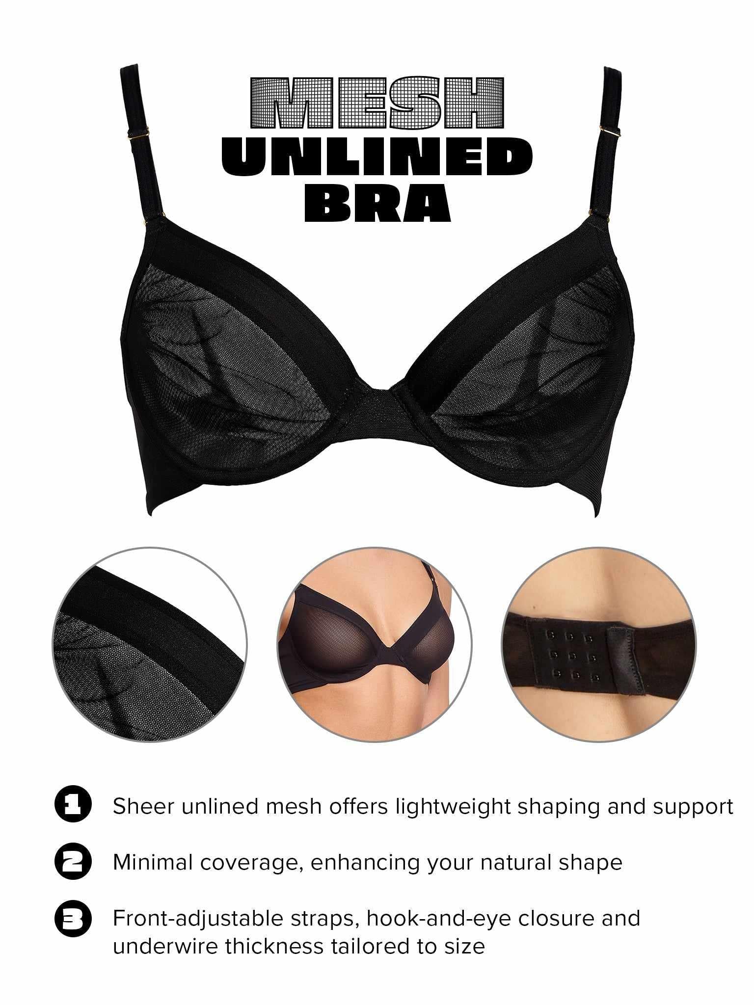 Black Unlined Mesh Bra Features Infographic - Sheer Cups, Underwire, Hook Closure | Hanky Panky