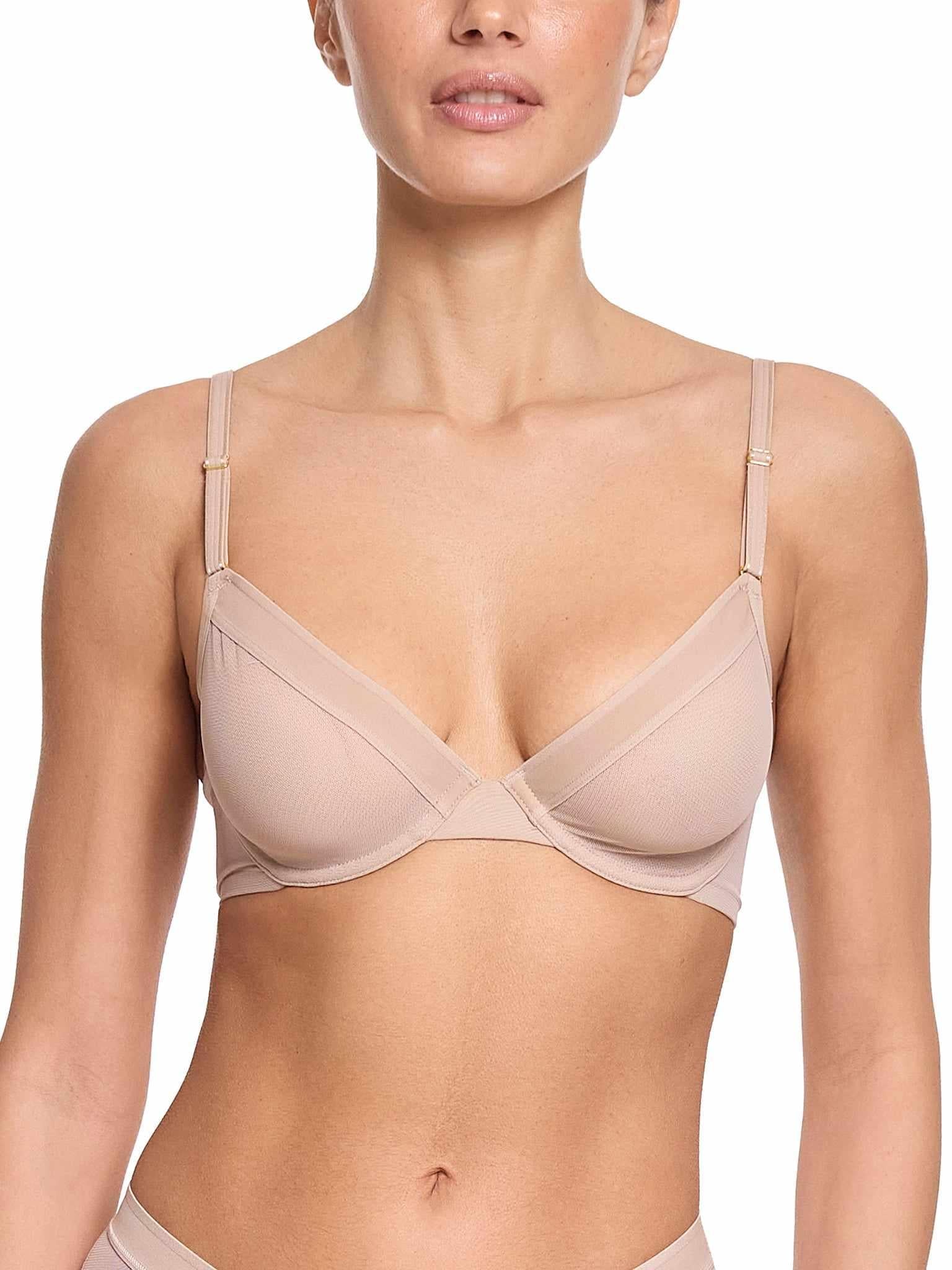 Chai Unlined Mesh Underwire Bra, sheer breathable cups, adjustable straps - Front View On Model | Hanky Panky