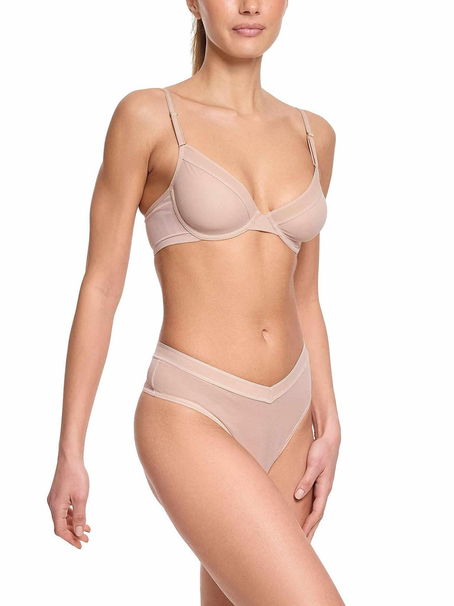Chai Unlined Mesh Underwire Bra with matching panty - Three-Quarter Angle On Model | Hanky Panky