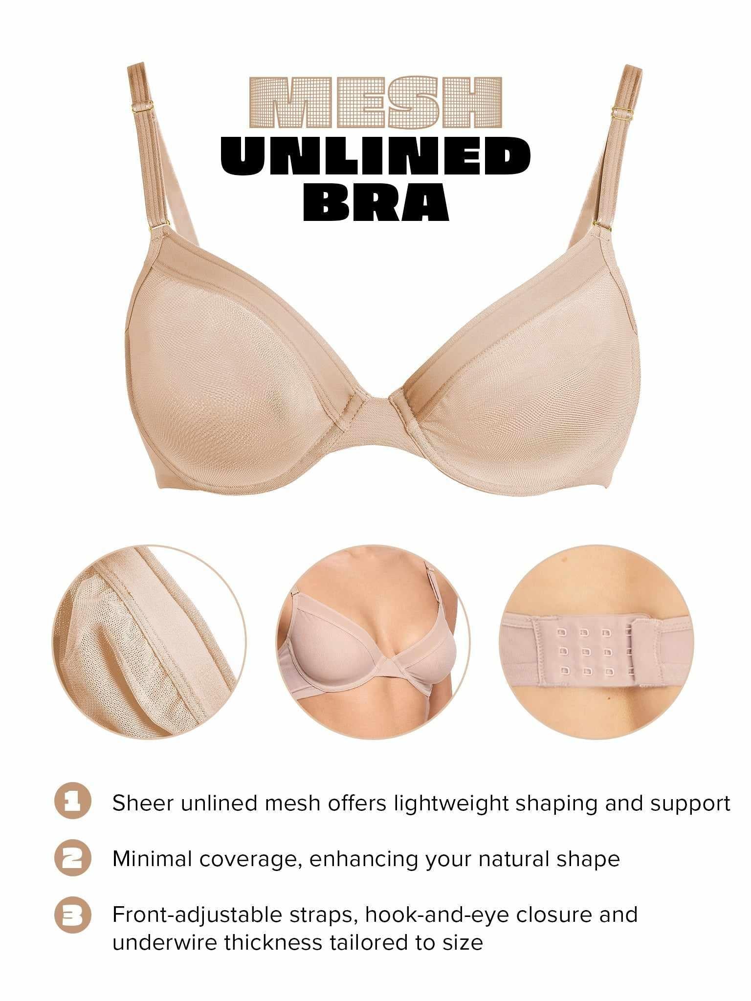 Chai Mesh Unlined Bra feature callout - sheer mesh cups, plunge front, hook-and-eye closure detail | Hanky Panky