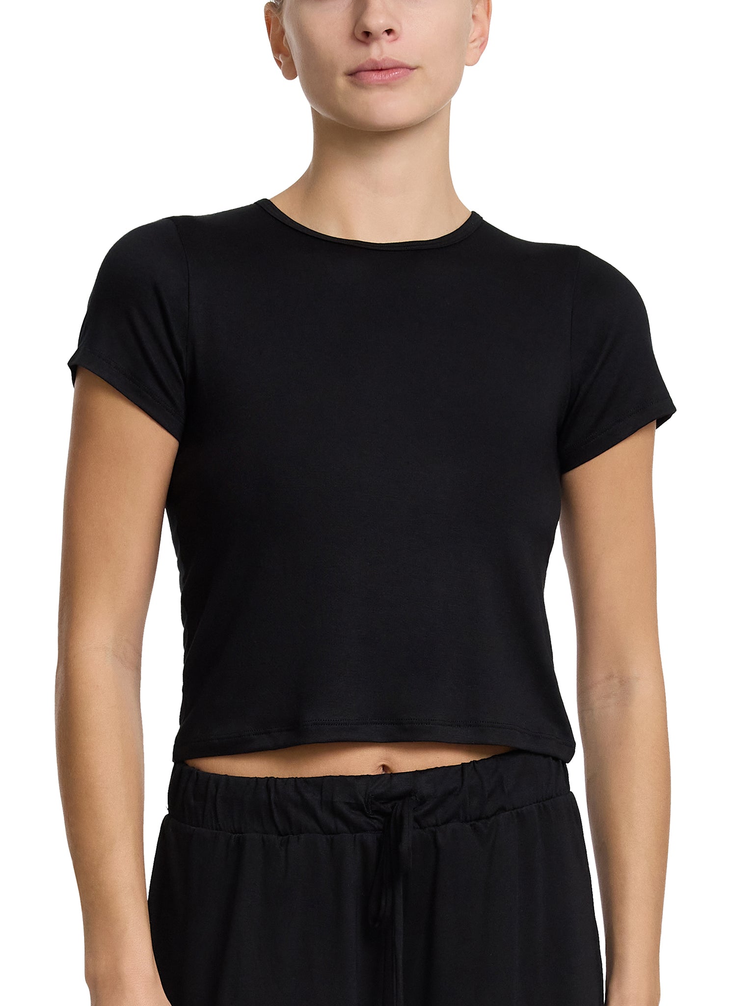 Unwind Baby Tee Black MicroModal Cropped Lounge Top - Front View On Model | Hanky Panky