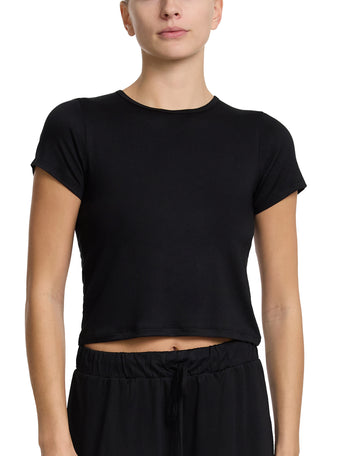 Unwind Baby Tee Black MicroModal Cropped Lounge Top - Front View On Model | Hanky Panky