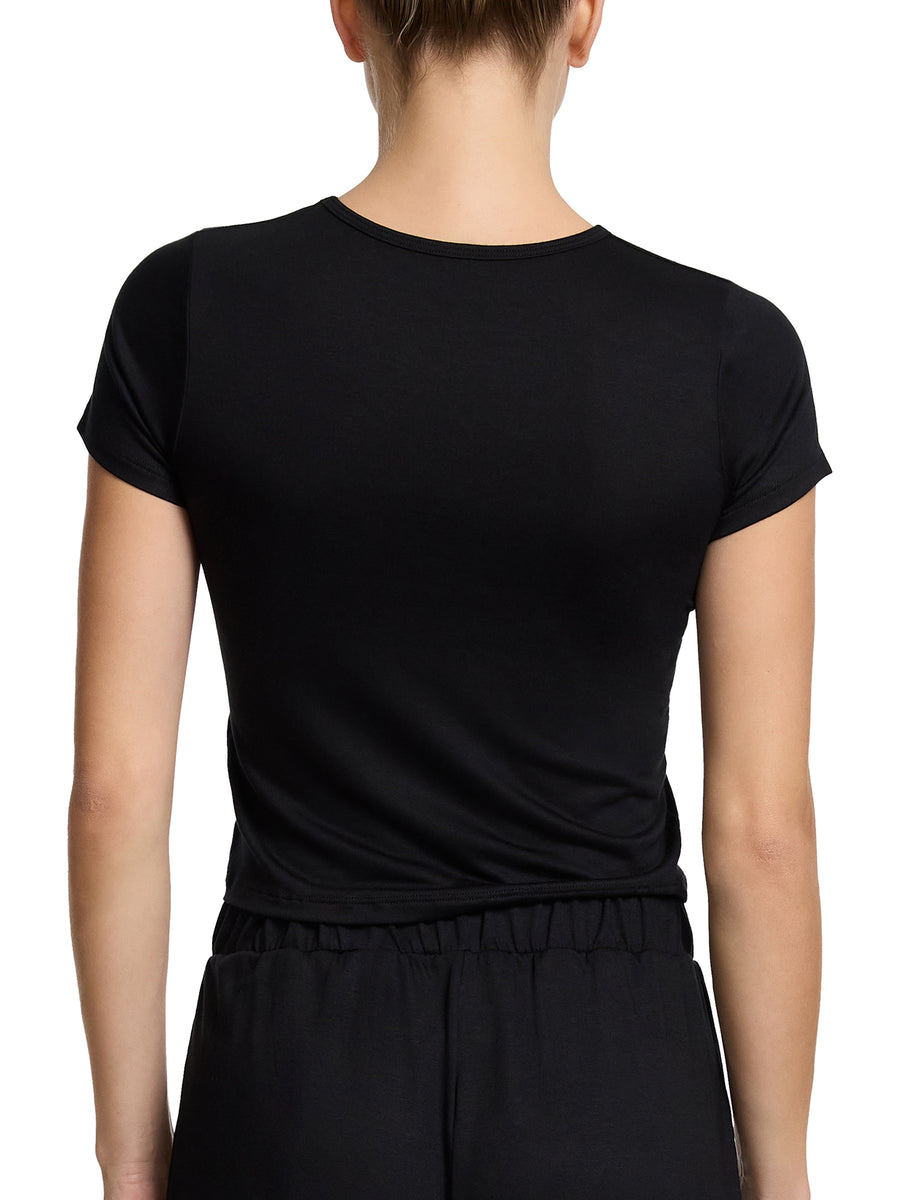 Unwind Baby Tee Black MicroModal Cropped Lounge Top - Back View On Model | Hanky Panky