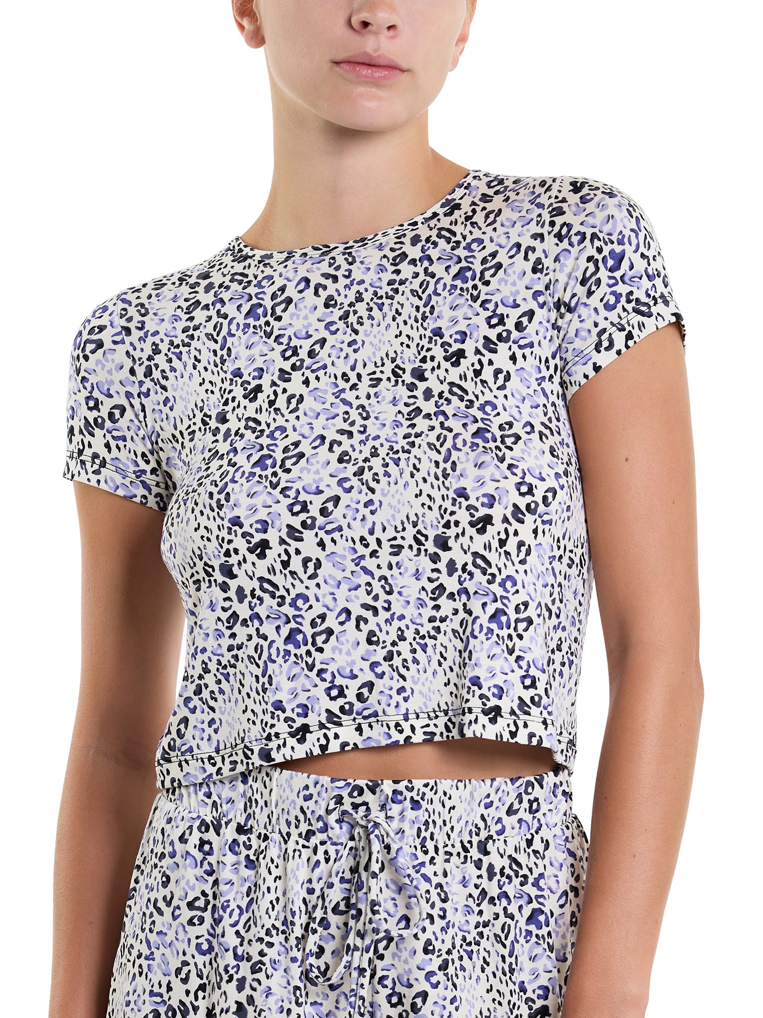 Blue Leopard Print MicroModal Unwind Baby Tee - Front Close-Up Detail On Model | Hanky Panky