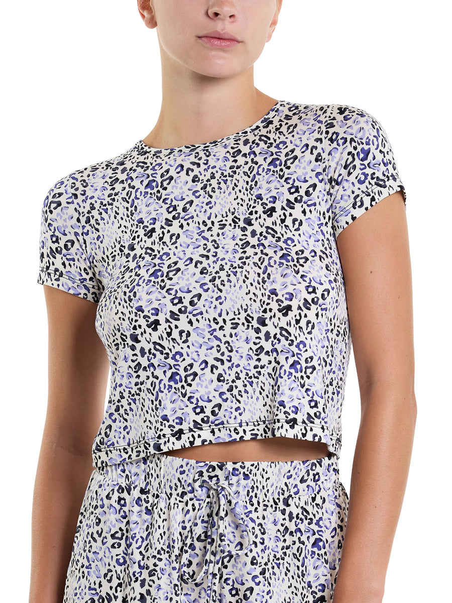 Blue Leopard Print MicroModal Unwind Baby Tee - Front Close-Up Detail On Model | Hanky Panky