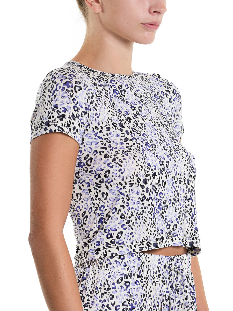 Blue Leopard Print MicroModal Unwind Baby Tee - Side Profile On Model | Hanky Panky